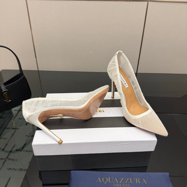 AQUAZZURA 26S OPTIC PUMPS 100 MM IN WHITE PLEATED MESH & SATIN