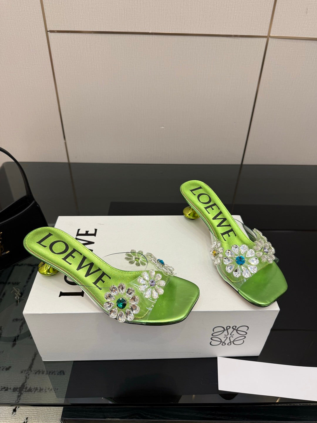 LOEWE 26S MULE HEELS 45MM IN GREEN PVC WITH CRYSTAL FLORAL