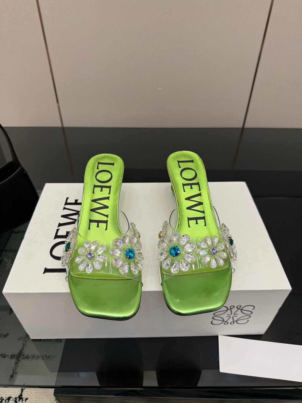 LOEWE 26S MULE HEELS 45MM IN GREEN PVC WITH CRYSTAL FLORAL