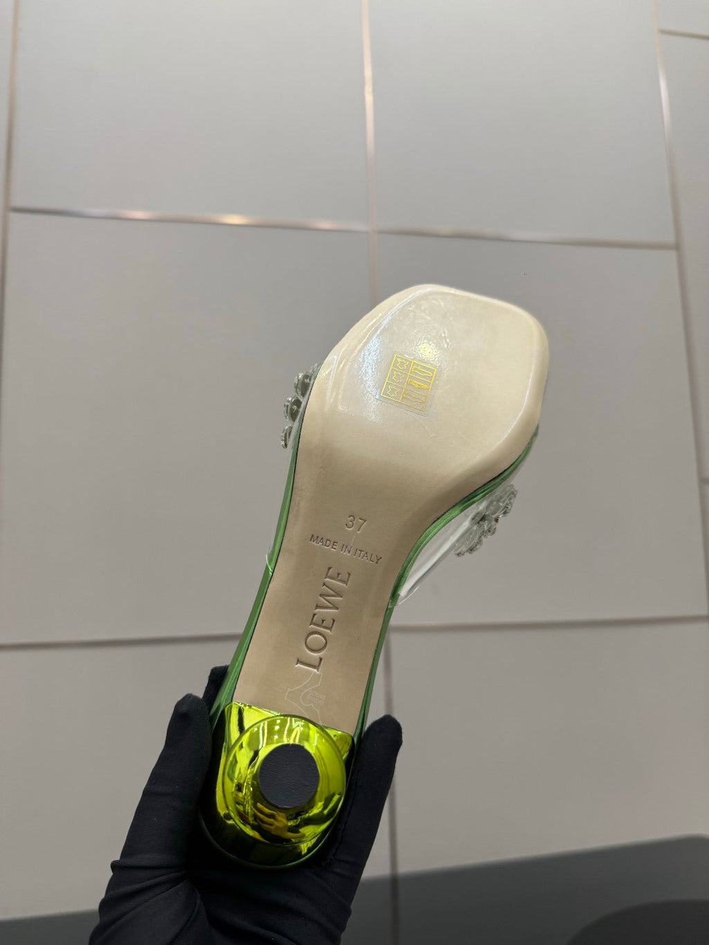 LOEWE 26S MULE HEELS 45MM IN GREEN PVC WITH CRYSTAL FLORAL