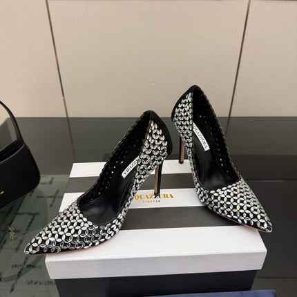 AQUAZZURA 26S HIGH HEELS 100 MM IN BLACK SUEDE CRYSTAL EMBELLISHED