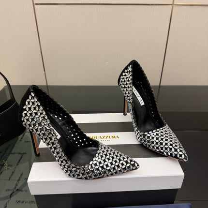 AQUAZZURA 26S HIGH HEELS 100 MM IN BLACK SUEDE CRYSTAL EMBELLISHED