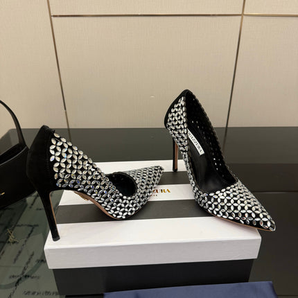 AQUAZZURA 26S HIGH HEELS 100 MM IN BLACK SUEDE CRYSTAL EMBELLISHED