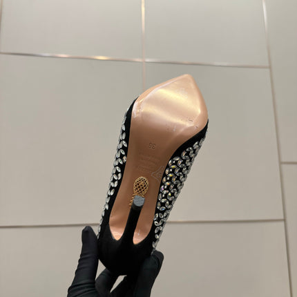 AQUAZZURA 26S HIGH HEELS 100 MM IN BLACK SUEDE CRYSTAL EMBELLISHED