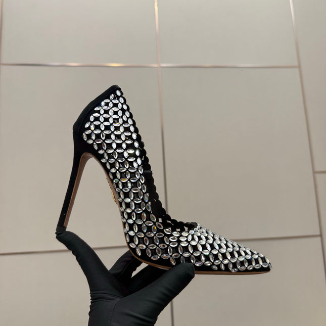 AQUAZZURA 26S HIGH HEELS 100 MM IN BLACK SUEDE CRYSTAL EMBELLISHED