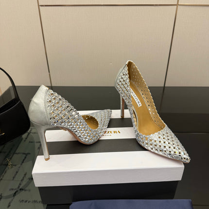 AQUAZZURA 26S HIGH HEELS 100 MM IN SILVER LAMBSKIN