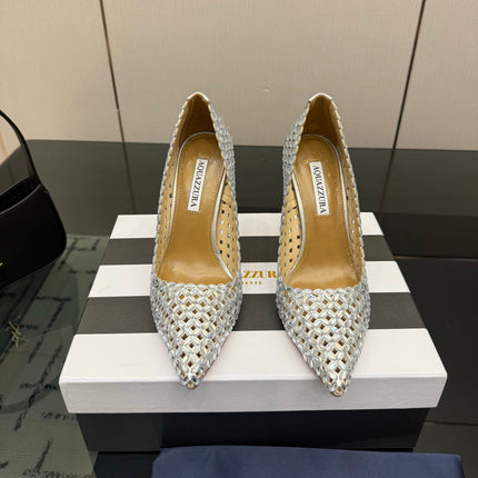AQUAZZURA 26S HIGH HEELS 100 MM IN SILVER LAMBSKIN