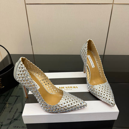 AQUAZZURA 26S HIGH HEELS 100 MM IN SILVER LAMBSKIN