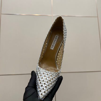 AQUAZZURA 26S HIGH HEELS 100 MM IN SILVER LAMBSKIN