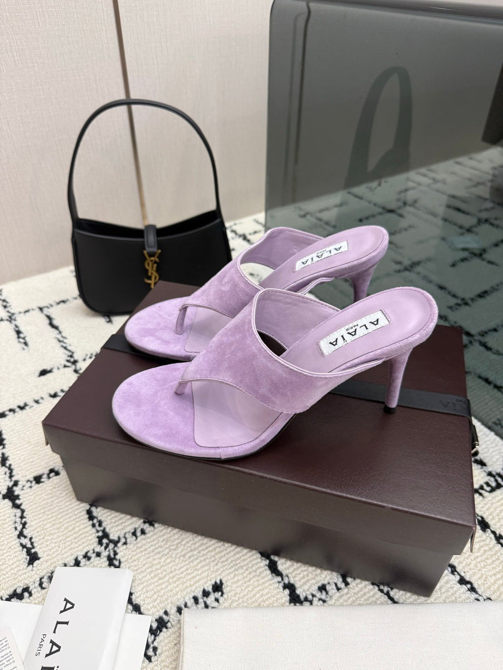 ALAIA 26S HEELED THONG MULE SANDALS IN PURPLE SUEDE