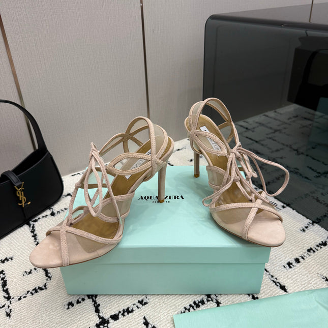 AQUAZZURA 26S SANDALS 100 MM IN BEIGE SUEDE & MESH