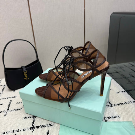 AQUAZZURA 26S SANDALS 100 MM IN CHOCOLATE BROWN CROC-EMBOSSED LEATHER & MESH