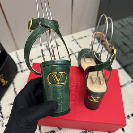 VALENTINO 26S SQUARE TOE ANKLE STRAP SANDALS IN DARK GREEN CROC-EMBOSSED LEATHER