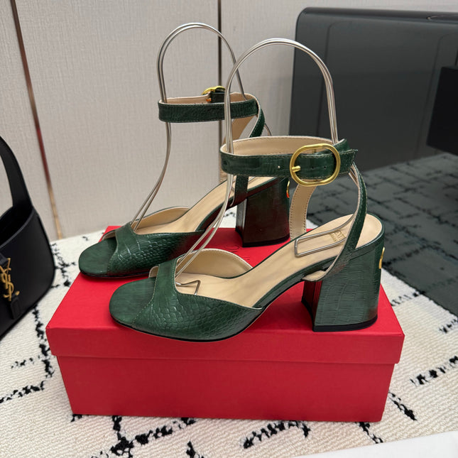 VALENTINO 26S SQUARE TOE ANKLE STRAP SANDALS IN DARK GREEN CROC-EMBOSSED LEATHER
