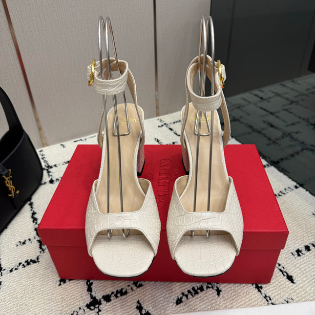 VALENTINO 26S SQUARE-TOE ANKLE-STRAP SANDALS IN CREAM WHITE CROC-EMBOSSED LEATHER