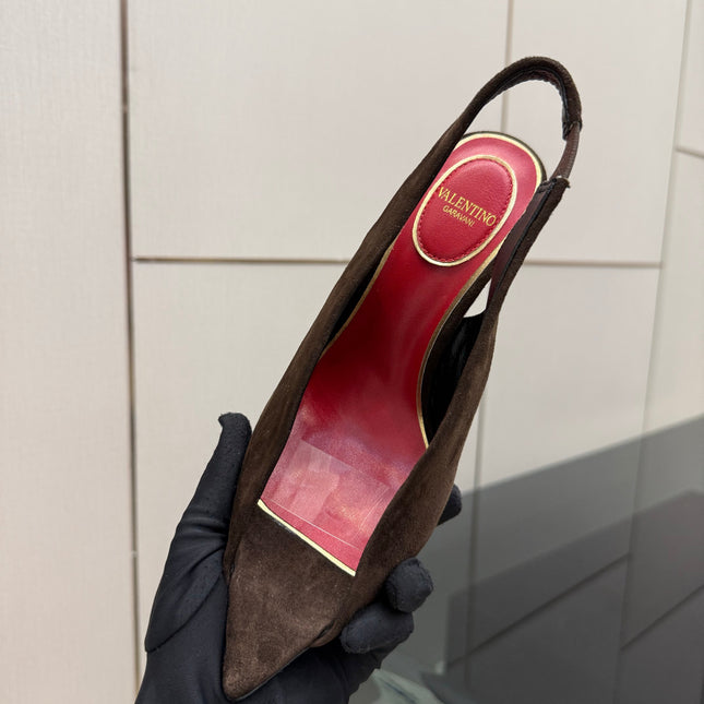 VALENTINO 26S POINTED-TOE SLINGBACKS IN DARK BROWN SUEDE