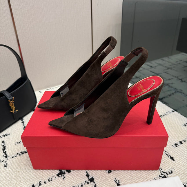 VALENTINO 26S POINTED-TOE SLINGBACKS IN DARK BROWN SUEDE