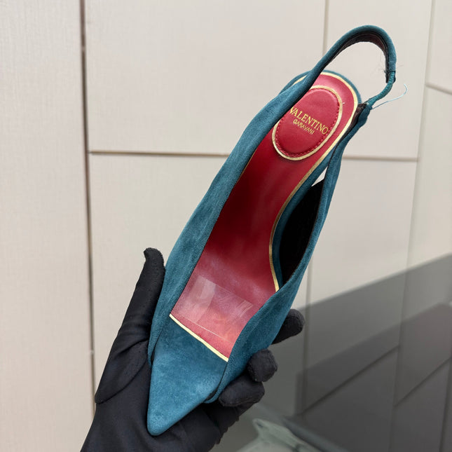 VALENTINO 26S POINTED-TOE SLINGBACKS IN TEAL BLUE SUEDE