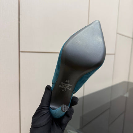 VALENTINO 26S POINTED-TOE SLINGBACKS IN TEAL BLUE SUEDE