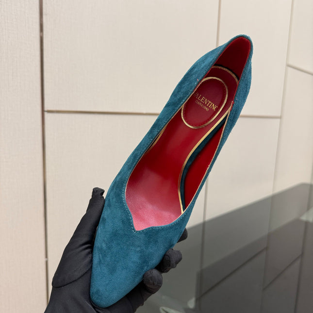 VALENTINO 26S HIGH HEELS 100 MM IN DEEP TEAL BLUE SUEDE