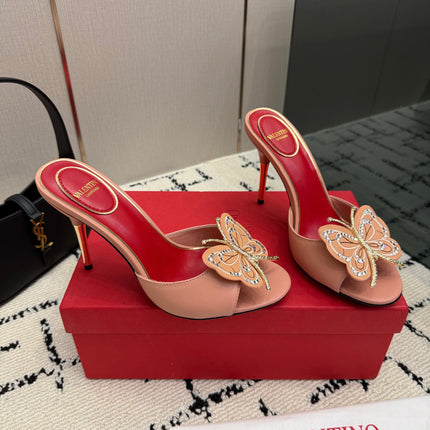 VALENTINO 26S BUTTERFLY HEEL SANDALS IN NUDE PINK CALFSKIN