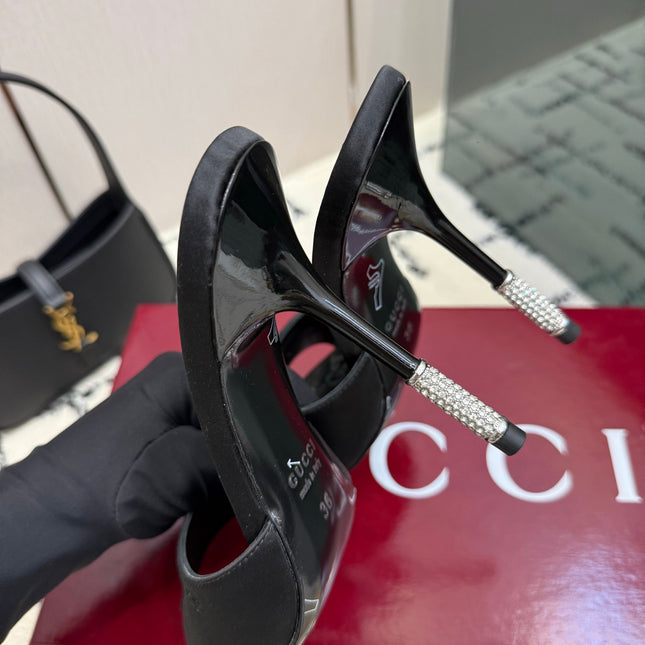 GUCCI 26S CRYSTAL-HEEL SANDALS 100 MM IN BLACK SATIN