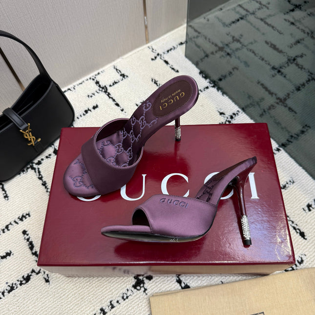 GUCCI 26S CRYSTAL-HEEL SANDALS 100 MM IN DARK PURPLE SATIN