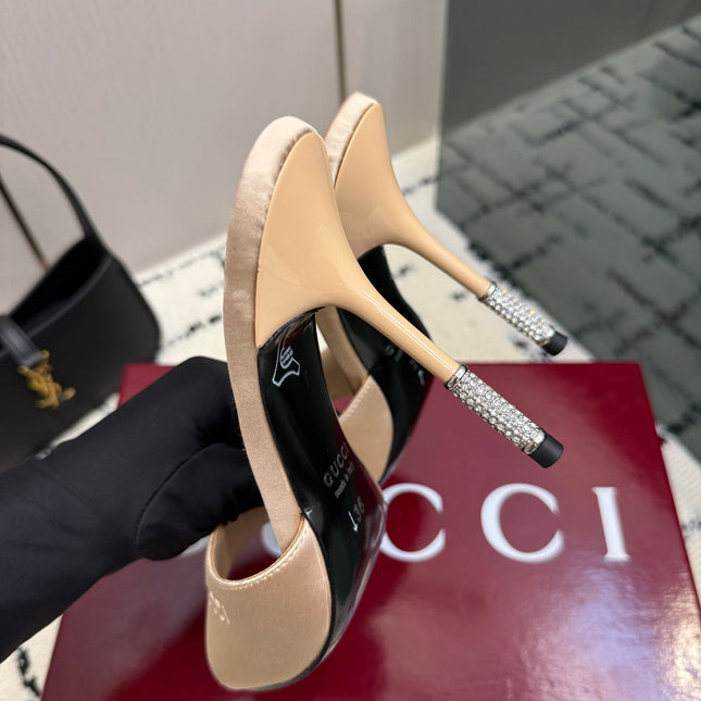 GUCCI 26S CRYSTAL-HEEL SANDALS 100 MM IN BEIGE SATIN