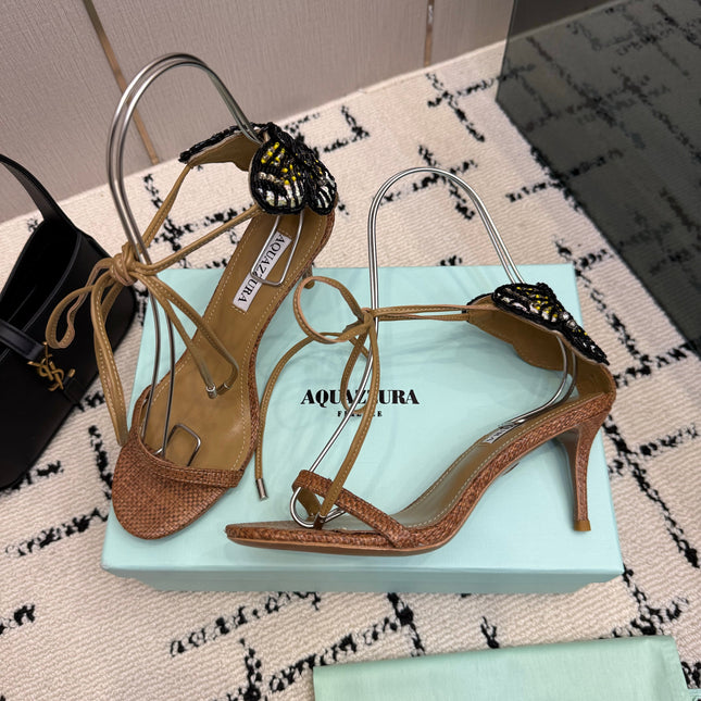 AQUAZZURA 26S HEEL SANDALS 80 MM IN BROWN WOVEN FABRIC