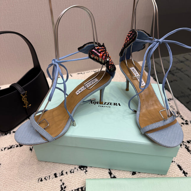 AQUAZZURA 26S HEEL SANDALS 80 MM IN PASTEL BLUE WOVEN FABRIC