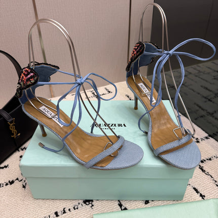AQUAZZURA 26S HEEL SANDALS 80 MM IN PASTEL BLUE WOVEN FABRIC