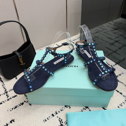 AQUAZZURA 26S FLAT SANDALS IN NAVY BLUE SUEDE CRYSTAL-EMBELLISHED