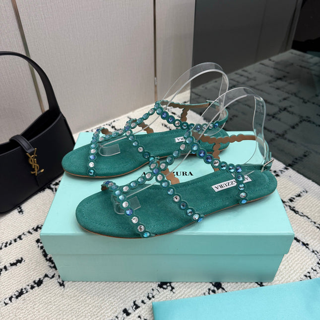 AQUAZZURA 26S FLAT SANDALS IN EMERALD GREEN SUEDE CRYSTAL-EMBELLISHED