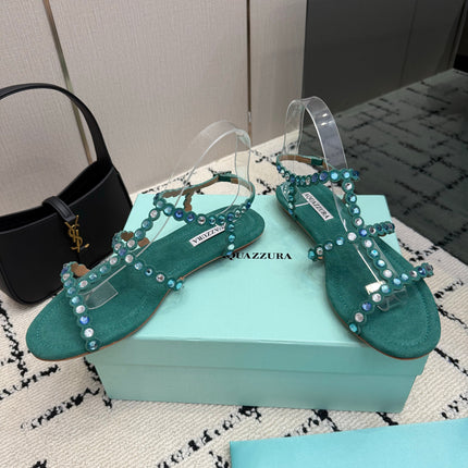AQUAZZURA 26S FLAT SANDALS IN EMERALD GREEN SUEDE CRYSTAL-EMBELLISHED