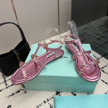 AQUAZZURA 26S FLAT SANDALS IN METALLIC PINK LAMBSKIN CRYSTAL-EMBELLISHED