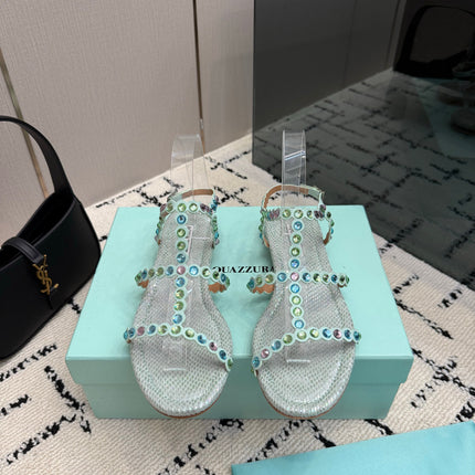 AQUAZZURA 26S FLAT SANDALS IN METALLIC MINT SNAKESKIN CRYSTAL-EMBELLISHED