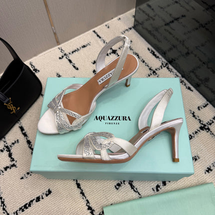 AQUAZZURA 26S HEEL SANDALS 80 MM IN CREAM WHITE SATIN CRYSTAL STONES