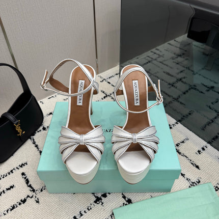 AQUAZZURA 26S HEEL SANDALS 135 MM IN CREAM WHITE SATIN RHINESTONE
