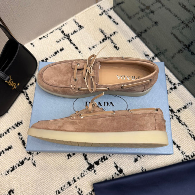 PRADA 26S LOAFERS IN BEIGE SUEDE WITH RUBBER SOLE