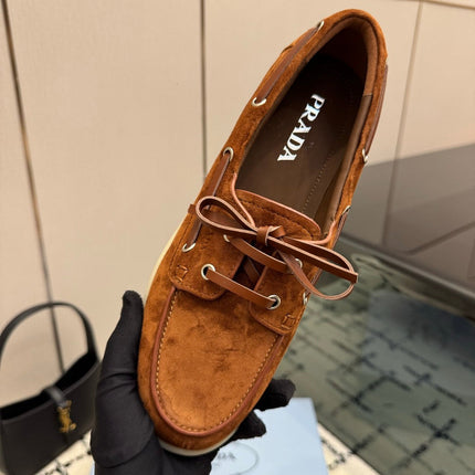 PRADA 26S LOAFERS IN COGNAC BROWN SUEDE WITH RUBBER SOLE