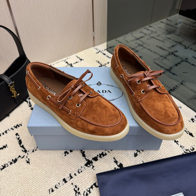 PRADA 26S LOAFERS IN COGNAC BROWN SUEDE WITH RUBBER SOLE