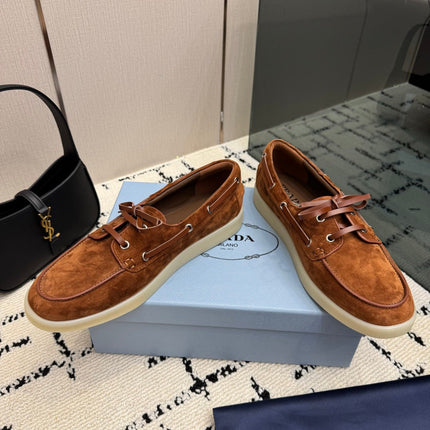 PRADA 26S LOAFERS IN COGNAC BROWN SUEDE WITH RUBBER SOLE