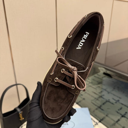 PRADA 26S LOAFERS IN DARK BROWN SUEDE WITH RUBBER SOLE