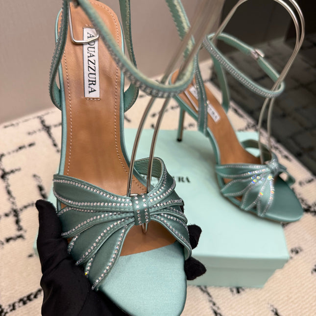 AQUAZZURA 26S HEEL SANDALS 105 MM IN MINT GREEN SATIN RHINESTONE