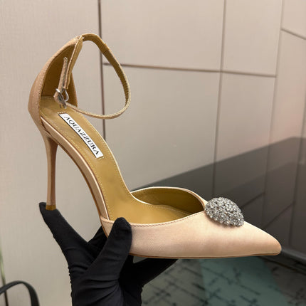 AQUAZZURA 26S POINTED-TOE PUMPS 105 MM IN BEIGE SATIN