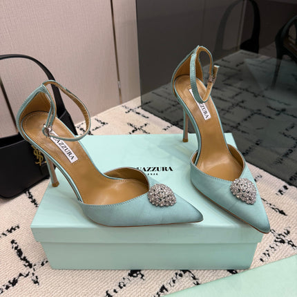 AQUAZZURA 26S POINTED-TOE PUMPS 105 MM IN MINT GREEN SATIN