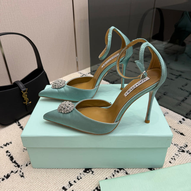 AQUAZZURA 26S POINTED-TOE PUMPS 105 MM IN MINT GREEN SATIN