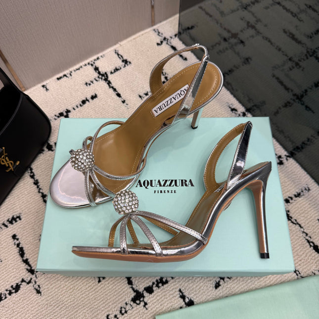 AQUAZZURA 26S STRAPPY HEELS 105 MM IN SILVER CALFSKIN