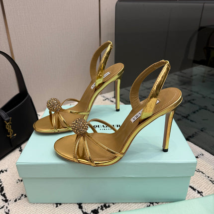 AQUAZZURA 26S STRAPPY HEELS 105 MM IN GOLD CALFSKIN