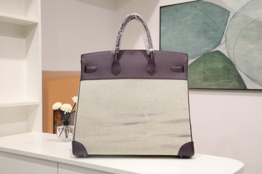 HM 25S BIRKIN 40 CM IN OFF-WHITE CANVAS AND PURPLE TOGO WITH SILVER HARDWARE